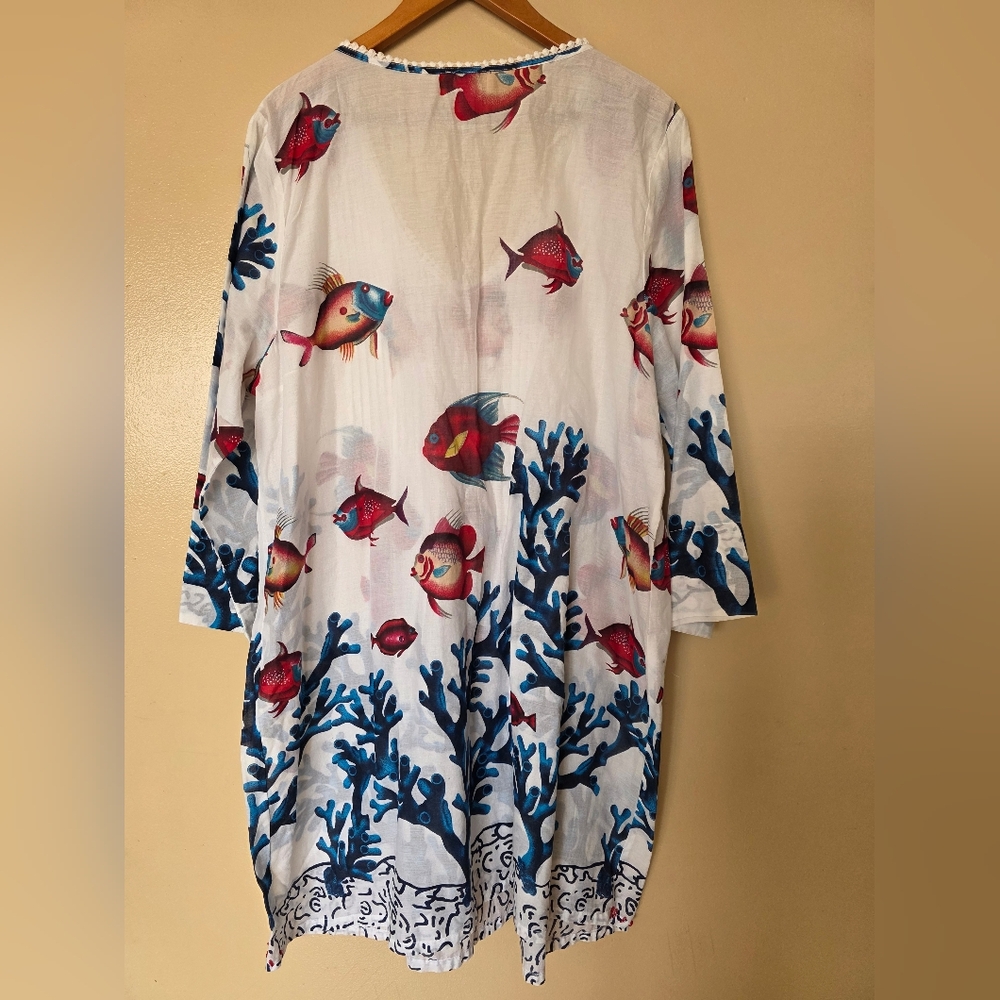 Soft Surroundings Seychelles Tunic Dress 2X Fish Coral Cotton Beach CoverUp Boho - Picture 9 of 11